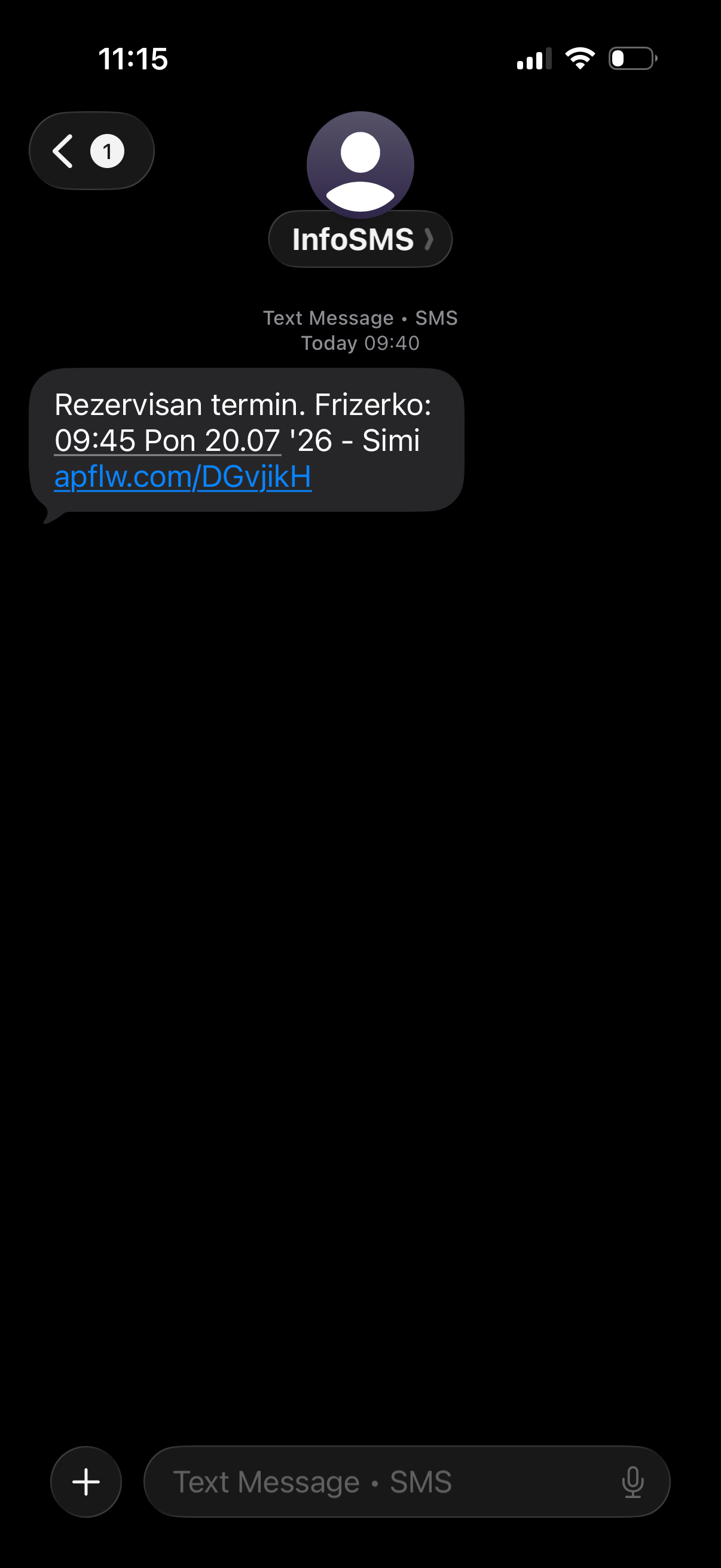 Slika SMS-a: potvrda da je rezervisao
